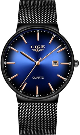 LIGE Uhr Herren Dünne wasserdichte Edelstahl Mesh Mode Minimalistisch Analoge Quarz Armbanduhr Herren (Schwarz Blau)