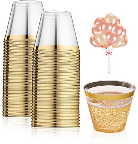 Pomeloone 50 Pezzi Bicchieri di Plastica, Riutilizzabile Trasparente con Bordo in Oro Tazze da Bere per la Casa Decorazione del Partito, Matrimonio, Compleanno, Picnic - 255ml