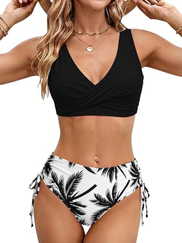 Costumi da Bagno Donna a Vita Alta Due Pezzi Bikini Set in Due Pezzi a Push Up Imbottito Reggiseno Tummy Control con Cinturino Laterale Beachwear Swimwear