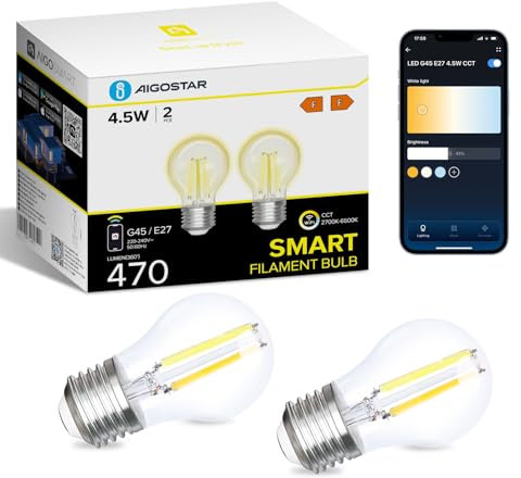 Aigostar Alexa Glühbirne E27, Smart LED Vintage Lampe, Smarte Glühbirne G45 Transparent Globe, 4.5W 470LM, Warmweiß Dimmbar 2700K -6500K, Kompatibel mit Alexa und Google Home, 2 Stücke