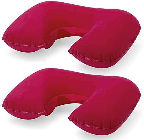 eBuyGB Pack of 2 Inflatable Neck Pillow for Travel, Blow Up Compact Portable Head & Neck Support Cushion - Airplane, Car, Train (Red)