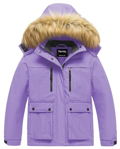 Pursky Ski Jacket for Girls Snowboard Waterproof Snow Windproof Fleece Winter Coat Hooded Raincoat Purple 4/5