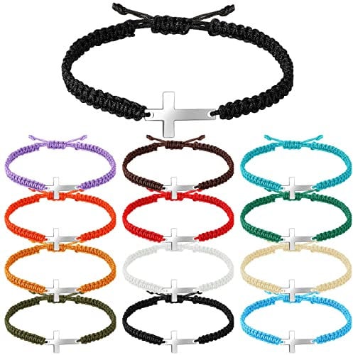 Jadive 12 Pcs Friendship Cross Bracelet Bulk for Women Men Jesus Christian Handmade Adjustable String Nylon Rope Braided Matching Bracelet for Graduation Baptism BFF Lucky Gifts, 6 inch, nylon rope