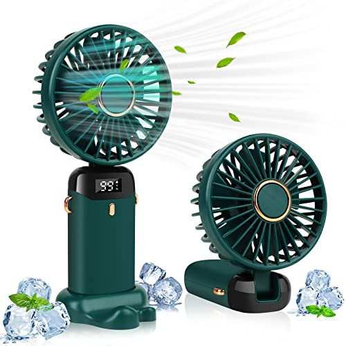 LYMYBETY Portable Handheld Fan, 4000mAh Mini USB Rechargeable Fan with Digital Display, Small Personal Pocket Fans with 5 Speeds, Hand Held Fans with Lanyard and Base for Home Travel (Green)