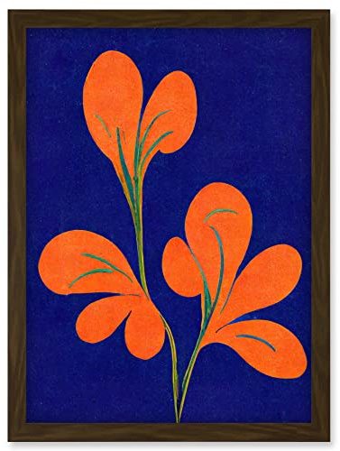Doppelganger33 LTD Henri Matisse Inspired Bright Abstract Orange Flower Blooms On Royal Blue Artwork Framed Wall Art Print A4