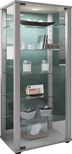 VCM Glasvitrine stehend | Vitrine Glas mit ESG-Sicherheitsglas | Maße ca. H. 115 x B. 50 x T. 38 cm | Standvitrine Glas | Modern und platzsparend | Glas Vitrinenschrank – Kavisa L Silber