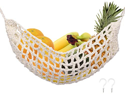 SAVITA 12.5x16inch Hanging Fruit Hammock, Fruit Holder Hanging with 2 Hooks 100% Cotton Handmade Woven Space-Saving Fruit Basket Under Cabinet for Kitchen Ship Storage