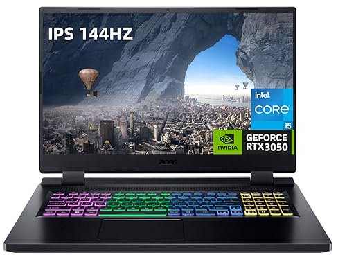 acer Nitro 5 Gaming Laptop 17.3 FHD IPS 144Hz Gamer Laptops, Intel 12 Cores i5-12500H Up to 4.5GHz, GeForce RTX 3050, 8GB RAM, 512GB SSD, RGB Backlit Keyboard, Windows 11, with HDMI Cable, AN517-55