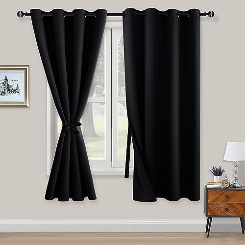 XWZO Blickdichte Vorhänge Verdunklungsvorhänge mit Ösen 2 Stücke Gardienen mit Raffhalter Lichtundurchlässige Vorhänge für Schlafzimmer,WonhzimmerBüro, 175x140 cm, Schwarz
