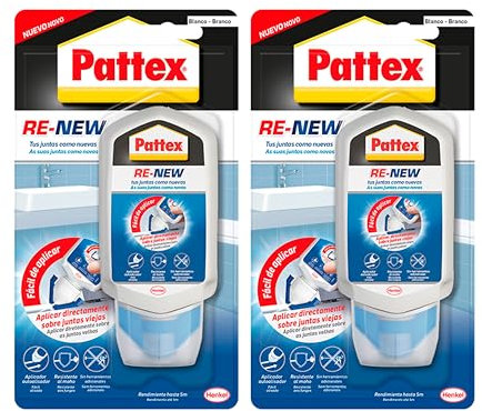 Pattex Baño Sano RE-NEW, silicona blanca para unas juntas limpias en sencillos pasos, silicona resistente al moho rápida, sellador de juntas de cocina y baño, 1x80 ml (Paquete de 2)