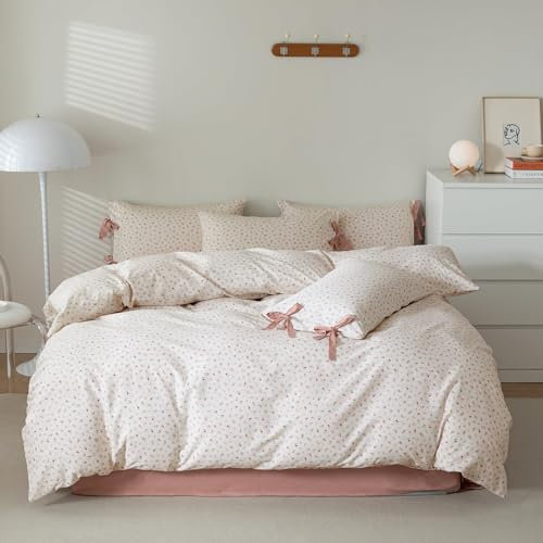 AOJIM Weißes Bettbezug-Set, 100% Baumwolle, Bettdeckenbezug mit rosa Blumendruck, 3-teilig (1 Queensize-Bettbezug 90 x 90 cm mit Reißverschluss + 2 Kissenbezüge 50 x 66 cm mit Schleife)