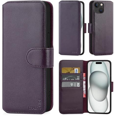 CHALK & HIDE - Real Leather Book Wallet Flip Case Cover For Apple iPhone 15 (6.1), With RFID Blocking Card Slot, Magnetic Closure and Built In Stand - Aubergine