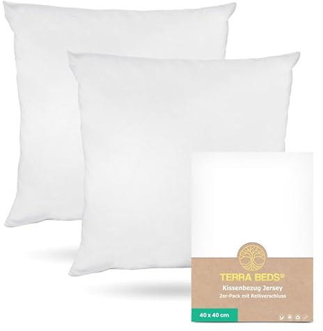 Terra Beds Kissenbezug 40x40 (Set mit 2) - 100% Baumwolle Jersey 160 g/m2, Oeko-Tex Zertifiziert - Kopfkissenbezug für Kissen 40x40 mit Reißverschluss, weich und atmungsaktiv - (Weiß)