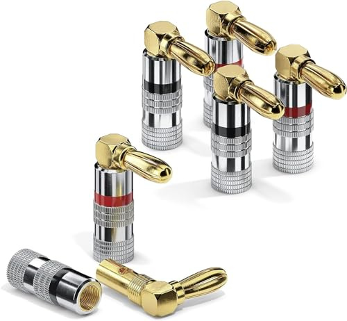 ETEC Bananenstecker 4er Set 90° gewinkelt für Lautsprecherkabel bis 6mm² | Bananenstecker 90° gewinkelt, vergoldet, Boxenkabel 0,75–6mm², Lautsprecherkabel, Farbcodierung, Verschraubung, HiFi Audio