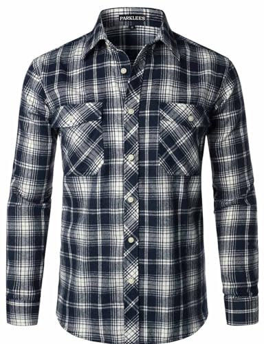 Halfword Chemises à carreaux pour homme en flanelle de coton boutonnée à manches longues et col ample pour l'automne et l'hiver, Bleu-beige, XL