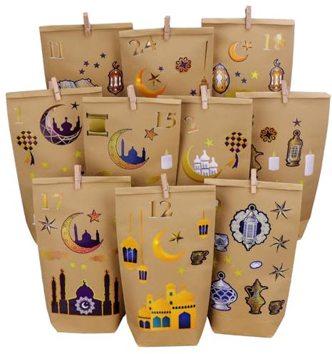 Homgaty DIY Ramadan Kalender zum befüllen, 30 Stück Ramadan Tüten mit Aufklebern für Kinder, Eid Mubarak Geschenktüten Papiertüten Wiederverwendbar mit Clips und Juteseil für Ramadan Deko