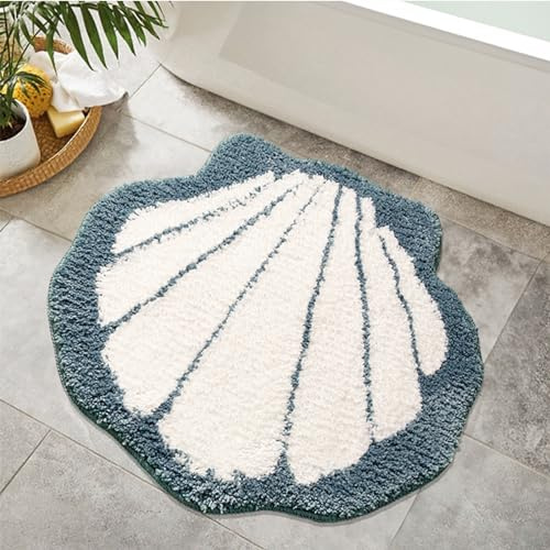 mamrug Niedliche blaue Muschel-Badematte, superweich und saugfähig, Mikrofaser-Plüsch, rutschfest, Badezimmerteppich, Badvorleger für Badezimmer, Türmatte, 49,3 x 55,9 cm