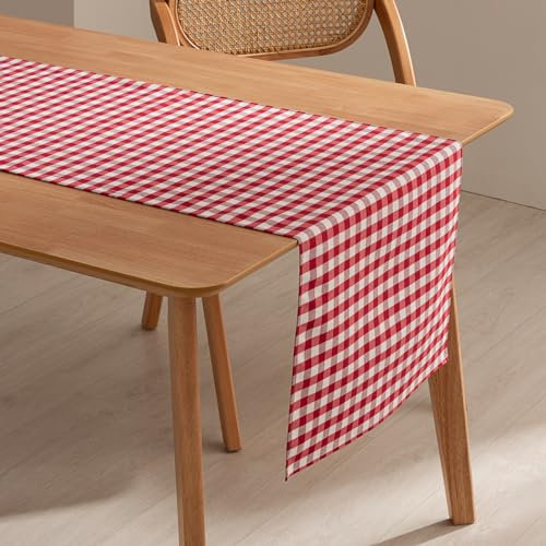 Vichy Tischdecke, Tischmatte, rechteckig, schmutzabweisend, wasserdicht, kariert, 45 x 170 cm, Baumwollgewebe, atmungsaktiv und weich, Rot