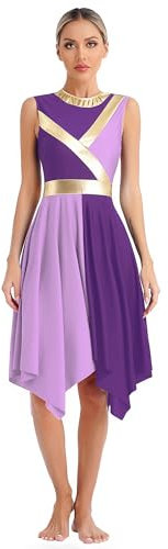 iEFiEL Abito da Danza Lirica per Donna Vestito Danza Moderna Danza di Lode Abito da Pattinaggio Senza Manica Abito da Ballo Latino Salsa Rumba Tango Dancewear Viola e Viola Chiaro S