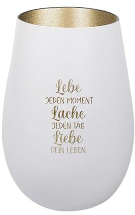 Der-Porzellan-Laden Windlicht mit Gravur Lebe jeden Moment Lache jeden Tag, Weiß Gold, Teelichthalter aus Glas mit Spruch, Tischdeko modern