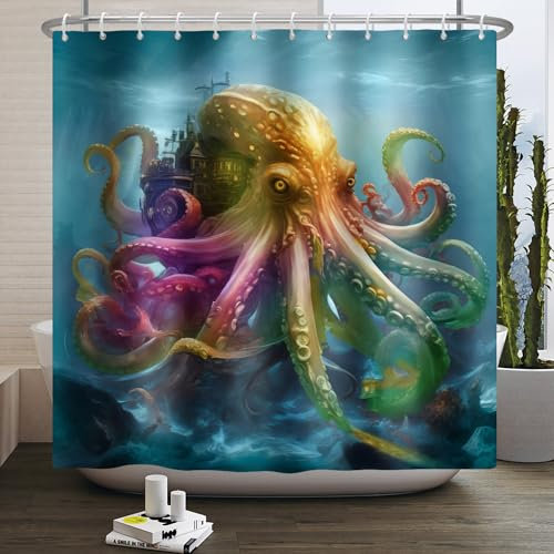 SDOTPMT 180x213cm Tenda da doccia Octopus Tentacoli di polpo Antico Castello Oceano Vintage Marine Wildlife Sea Monsters Coastal Nautical per il bagno Decor Tessuto Poliestere con Ganci