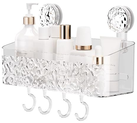 Duschablage Saugnapf, Duschkorb Saugnapf Duschablage mit Saugnapf Saugnapf klar Duschablage Ohne Bohren mit Rasiererhalter für Bad Küche Wohnzimmer Kommt mit 4 Haken