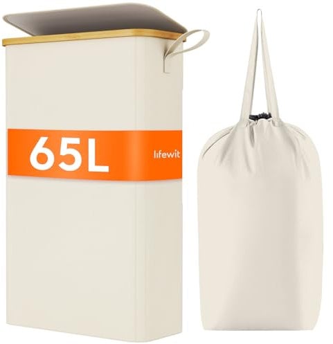 Lifewit 65L Slim Laundry Basket with Lid, Foldable Laundry Hamper Drity Clothes Washing Basket Toys Towels Storage with Bamboo Handle, Removable Inner Bag for Bedroom Bathroom, White