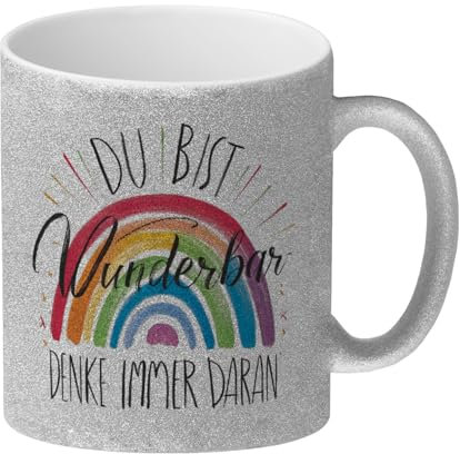 Regenbogen Glitzer-Kaffeebecher - Du bist wunderbar Lebendig und aufmunternd Bunter Farbspektrum auf weißem Hintergrund Elegante Tasse für deinen Tag