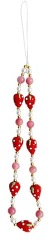 JIHUOO Dragonne de téléphone avec perles en forme de fraise - Dragonne de téléphone portable - Anti-perte - Porte-clés à suspendre - Sac à dos, Length: 17.5 cm, Pas de gemme