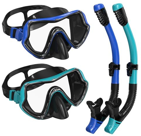 G2RISE SN02 Schnorchel-Set für Erwachsene, Taucherbrille, Trockenschnorchelausrüstung mit Atemschutz, Luftstrom-Technologie und Anti-Beschlag-Design (2er-Pack)