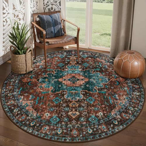Ciicool Boho-Teppich, rund, waschbar, Schlafzimmerteppich, rutschfest, orientalisch, Eingangsbereich, Überwurf, niedriger Flor, für den Innenbereich, für Esszimmer, Ziegelrot/stumpfes Blaugrün, 1,5 x