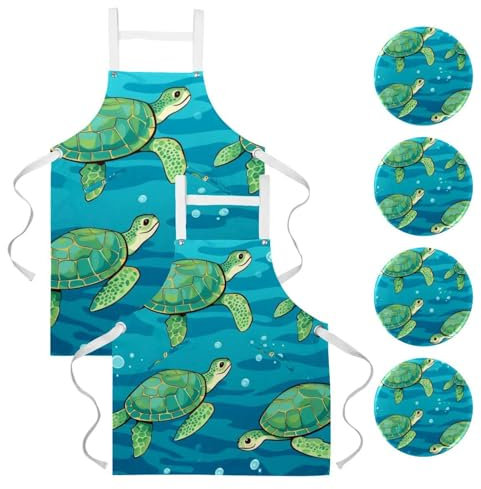 Delantal de cocina de 2 piezas de tortuga marina sin costuras de dibujos animados resistente a gotas de agua delantal de lona con delantales ajustables para mujer con 2 bolsillos, multicolor,