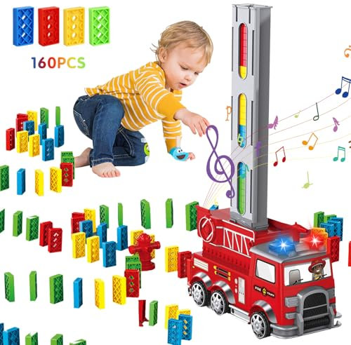 HUIKUANGEU Camion Pompieri Giocattolo,200 Pezzi Domino Gioco,Camion dei pompieri,Giocattolo Per Bambini,Automatico Treno Posa Domino,Camion Pompieri Giocattolo per Bambini,per ragazzi e ragazze