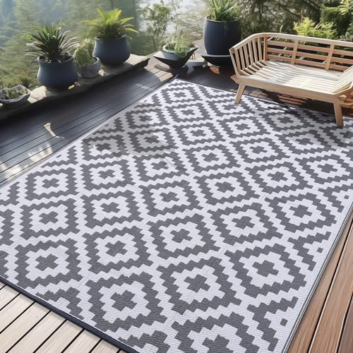 Homaxy Outdoor Teppich Wetterfest, Kunststoff Stroh UV-beständig Wendbar Faltbar Waschbar Balkon Garten Teppich für Terrasse Camping Picknick (270 x 360 cm, Grau & Weiß)