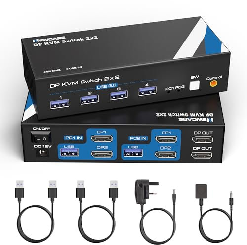 NEWCARE DisplayPort KVM Switch, 8K DP KVM Switch 2 Computers 2 Monitors Share 4 USB 3.0 Port, DP KVM Switch Dual Monitors for 2PC Support 8K@60Hz 4K@120Hz, Desktop Controller and 2 USB Cable Included