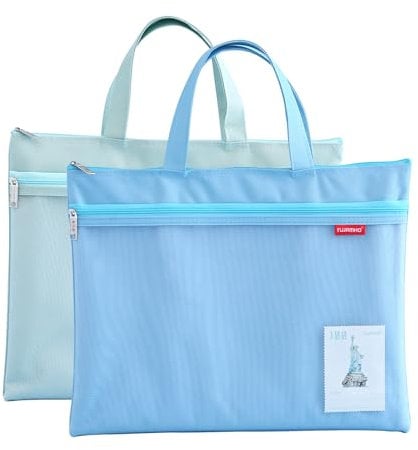 A4 Dokumententasche Zip Beutel, 2 Stück Tragetasche Nylon Mesh Beutel Wasserdichte Doppel-Reißverschluss Klein Etiketten Schüler Büro Liefert Reisetasche (Blau Grün)