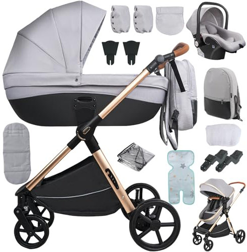 Sianldcone Kinderwagen 4 in 1, Hochwertige Stoffe Kinderwagen Set, Zwei-Wege-Schiebefunktion Reisesysteme, Offene Sicht Kombikinderwagen 3 in 1 Komplettset (H2 Light Grey)