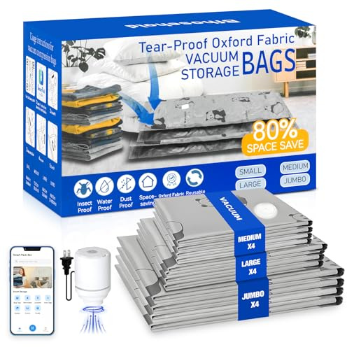 Bfhosehold Oxford Ripstop-Vakuumbeutel mit Pumpe, wiederverwendbare platzsparende Beutel für Kleidung, 4 Jumbo+4 große + 4 mittelgroße Vakuumbeutel für Reisen, Gepäck, Decken, Steppdecke, 12 Stück