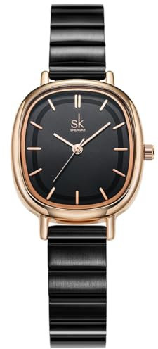 Alienwork Armbanduhr Damen Roségold Edelstahl Metallarmband Schwarz Ultra-flach Elegant