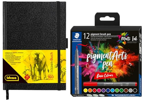 Idena 90304 - Skizzenbuch DIN A5 mit 160 Seiten, blanko, inkl. 12 STAEDTLER Filzstifte pigment brush pen mit Pinselspitze für variable Linienbreite