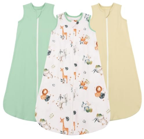 SIMYJOY 3er Pack Sommerschlafsack Baby 0.5 Tog Schlafsack Baby Sommer y 0-6 Monate 100% Baumwolle Babyschlafsack mit Zwei-Wege-Reißverschluss für Neugeborene Jungen Mädchen, Khaki&Grasland&Grün