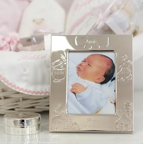 AN/VIE Cadre Photo Personnalisable en Métal Argenté, 13 x 15,5 cm, pour Naissance Bébé