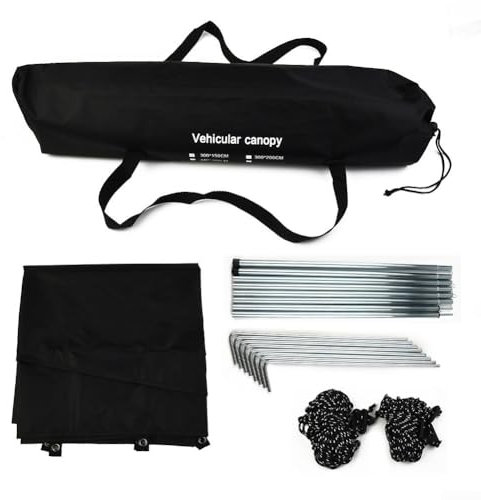 Homeponnew Camping Awning Sun Canopy Sunshade for Motorhome Van SUV Black 300x200cm Fire Retardant 210D Fabric Adjustable Height Poles Compact Travel Shelter