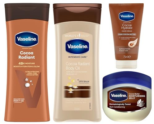 Vaseline Cocoa Radiant Glow Bundle: Body Lotion, Body Oil, Hand Cream, and Moisturising Petroleum Jelly for Ultimate Hydration & Radiance, Revitalizing Dry and Dull Skin