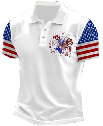 Contrasting Color 4th July American Flag Red White Blue Star Stripes Patriotic T-Shirt Men Short Sleeve Golf Polo Shirt USA Raglan Sleeve Button Up Tees Sports Athletic Loose Shirts
