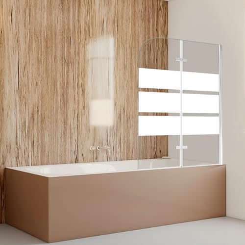 Vkechh Duschtrennwand für Badewanne, 100x140cm 2-Teilig Faltbar Duschwand Badewanne,mit 6mm ESG Sicherheitsglas,Badewanne Duschwand Weiße Streifen,Glas Badewannenwand mit Badewannenaufsatz
