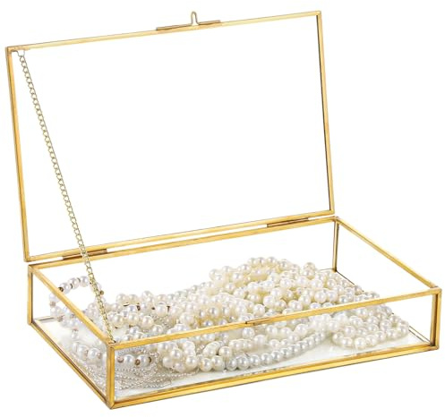 Vintage-Schmuckschatulle aus Glas mit goldenem Rahmen, rechteckige Displaybox für Andenken, Fotos, Schmuck, 21,6 x 13,5 x 4,6 cm