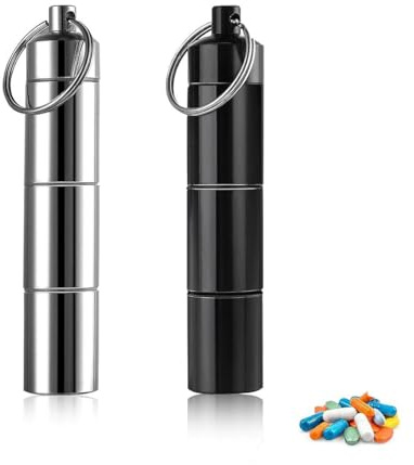 Pillendose Schlüsselanhänger 2 Stück,Aluminiumlegierung tablettenbox klein mit 3 Teilbaren Fächer für Reisen Wandern Camping (Schwarz Silber)