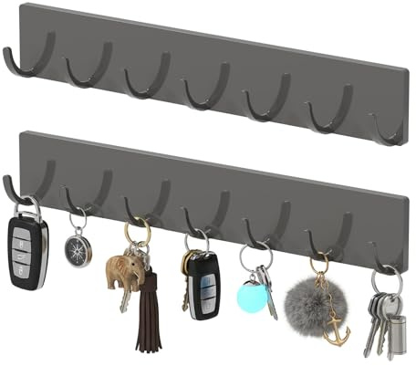 Toski Schlüsselbrett ohne bohren, 2 Stück Schlüsselhaken mit 7 Haken Grau | Schlüsselhalter mit starkem klebrigem Kleber ohne Spuren, Schlüsselleiste für Wohnzimmer Küche, Home, Modern