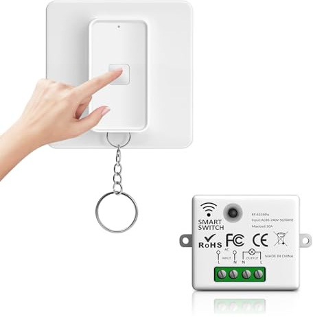 Wvoillty RF433 Interrupteur Sans Fil, Fonctionnement Sur Pile, Sans Câblage Electrique ni Interrupteur Mural, Magnétique (1 Récepteur 10 A et 1 Panneau de Commande)
